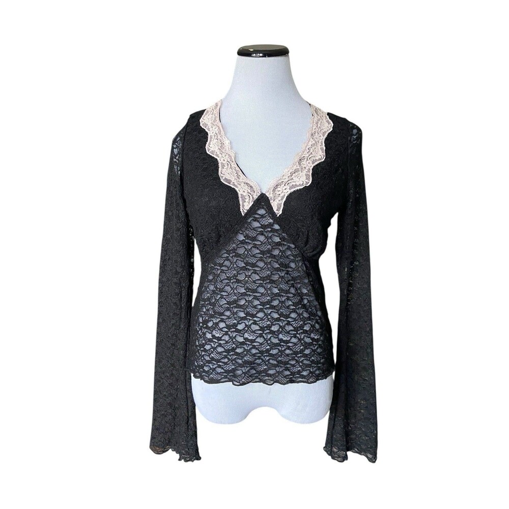 Womens Sheer Lace Bell Sleeve Top Size XL Black Romantic Goth Dark‎ Coquette Y2K
